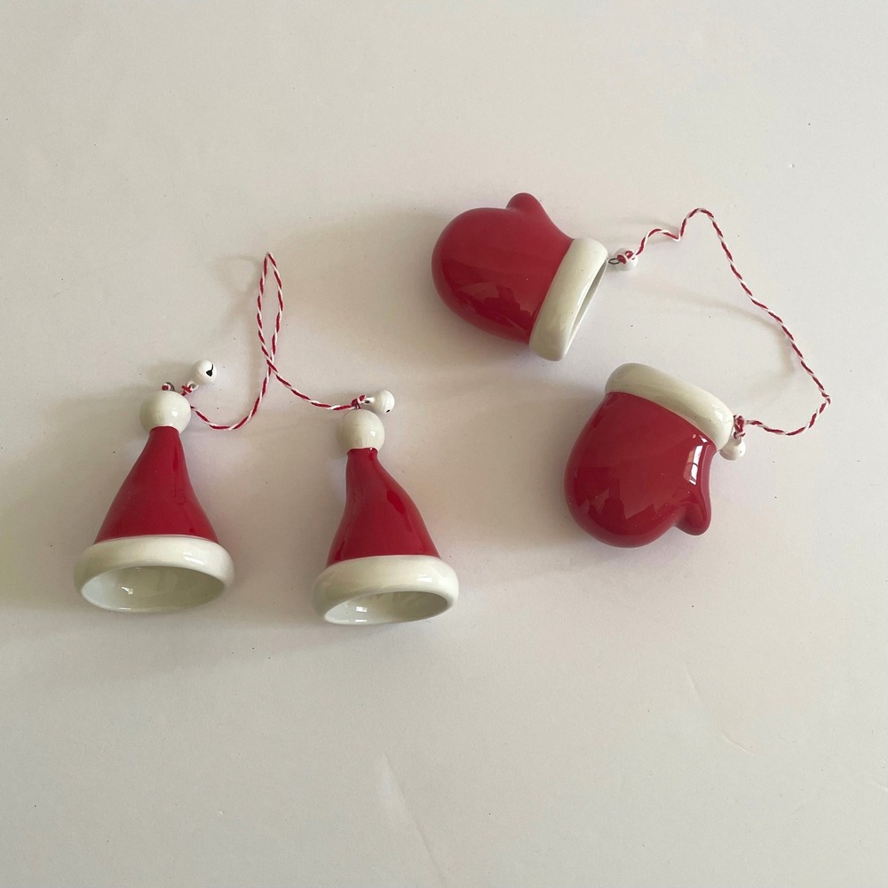 Ceramic Christmas Ornaments Hat Mitten Jingle Bell Holiday Decor‎ Set